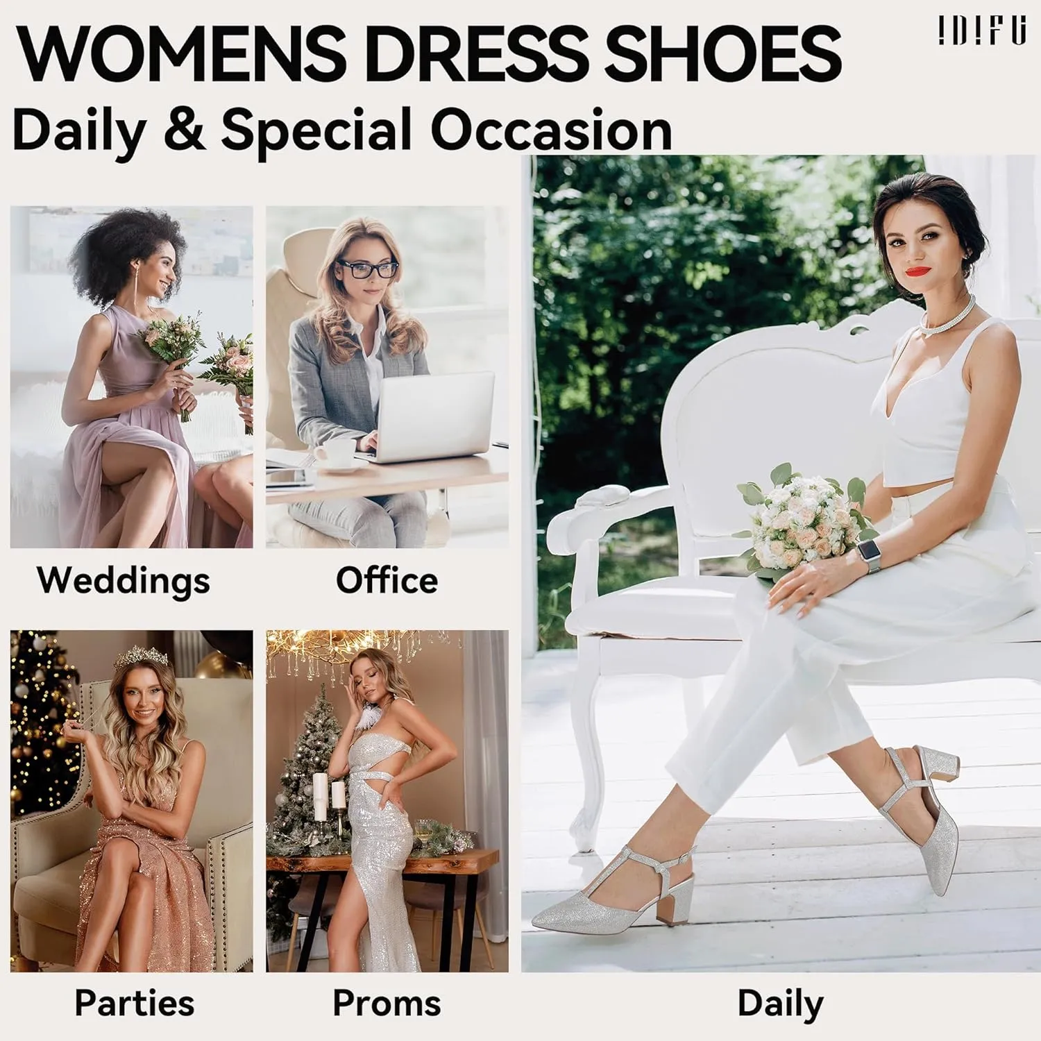 IDIFU IN3 Women's Pumps Slingback Closed Toe Heels Strappy Block Low T Strap Dress Shoes Chunky Short Pointed Toe Heels Wedding Pumps Shoes