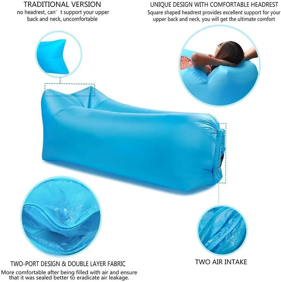 Inflatable Lounger Air Chair Sofa Bed Sleeping Bag Couch for Beach Camping Lake Garden (Blue-2)