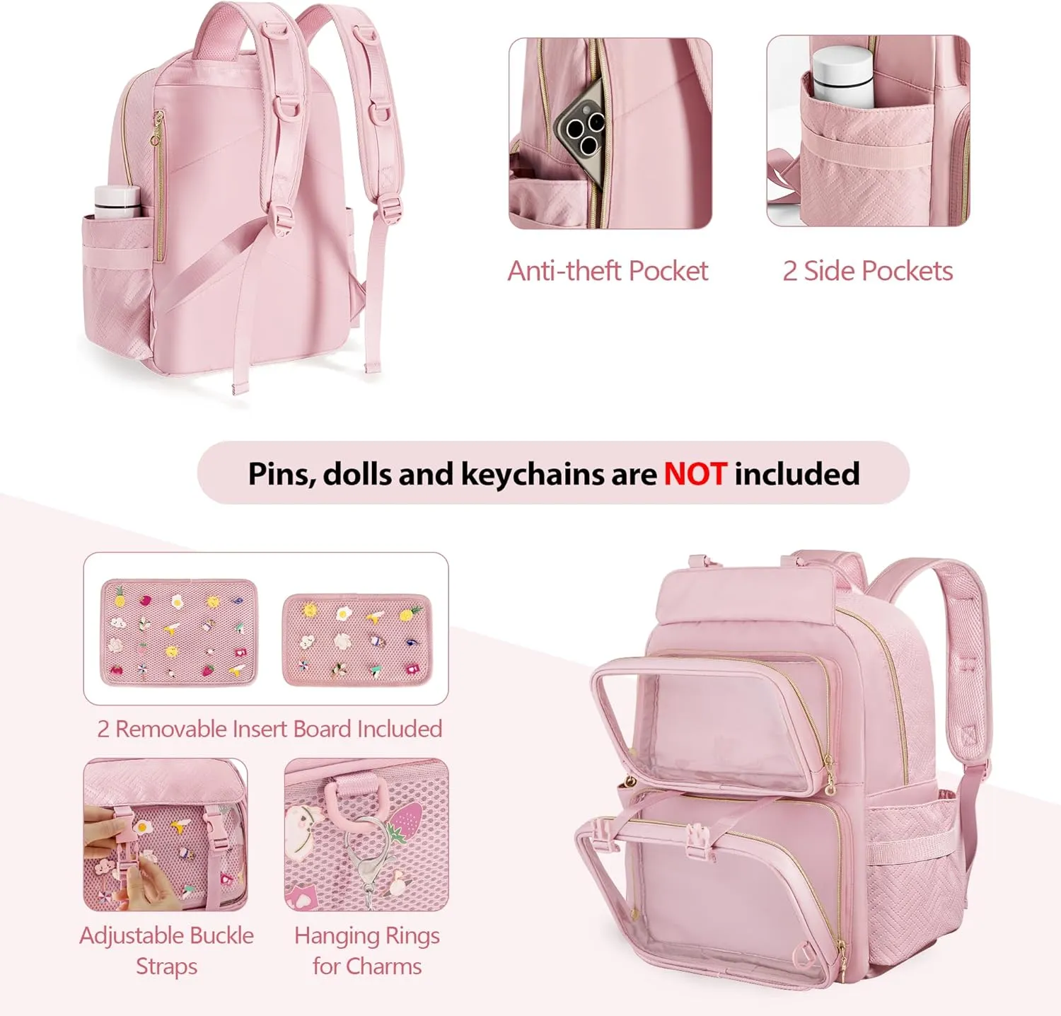 Ita Bag Pin Display Backpack with Insert, Kawaii Ita Backpack for Anime Cosplay, Pink (Empty Bag Only, Patent Design)