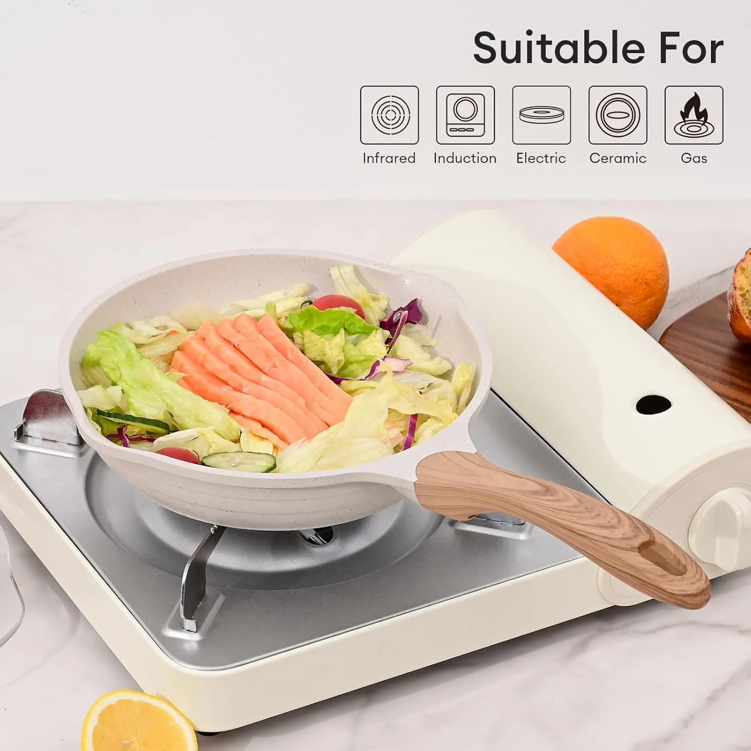 JEETEE 11 Inch Nonstick Frying Pan, Stone Coating Cookware, Nonstick Omelette Pan with Heat-Resistant Handle, Induction Skillet for Eggs(Beige)