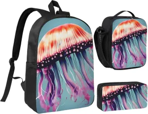 Jellyfish print 3 Piece Backpack Bags with Lunch Box Pencil Case Set for Travel Work Camping Unisex