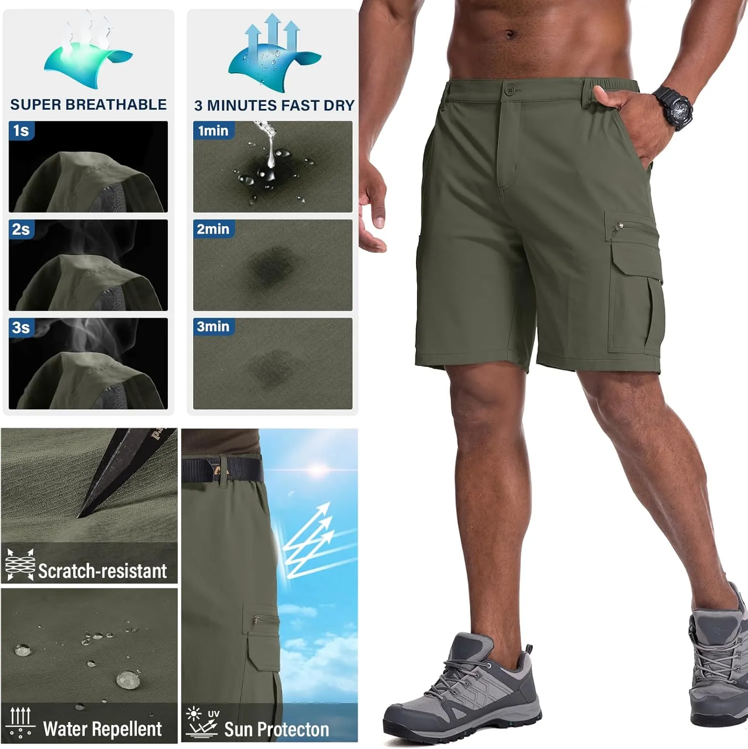 Jessie Kidden Mens Outdoor Casual Expandable Waist Lightweight Water Resistant Quick Dry Fishing Hiking Shorts