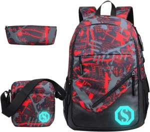 JiaYou Teenage Boy Girl Unisex 20L Multifunctional School Bag Backpack Set with Florescent Mark