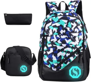 JiaYou Teenage Boy Girl Unisex 20L Multifunctional School Bag Backpack Set with Florescent Mark