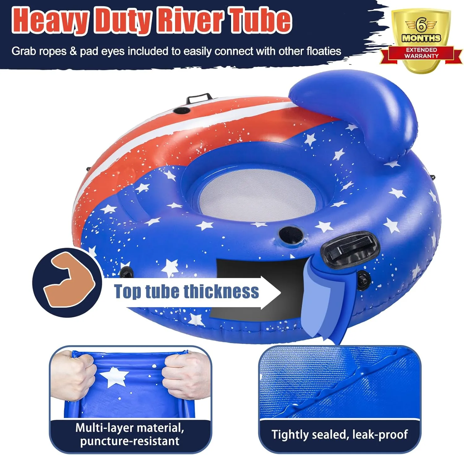 JOSEN River Floats for Adults Heavy Duty 350lb, XL River Tubes for Floating - 53" Large Pool Floats Adult with 2 Cup Holders, Inflatable Floating Tube, River Run Tube Lake Water Tubes
