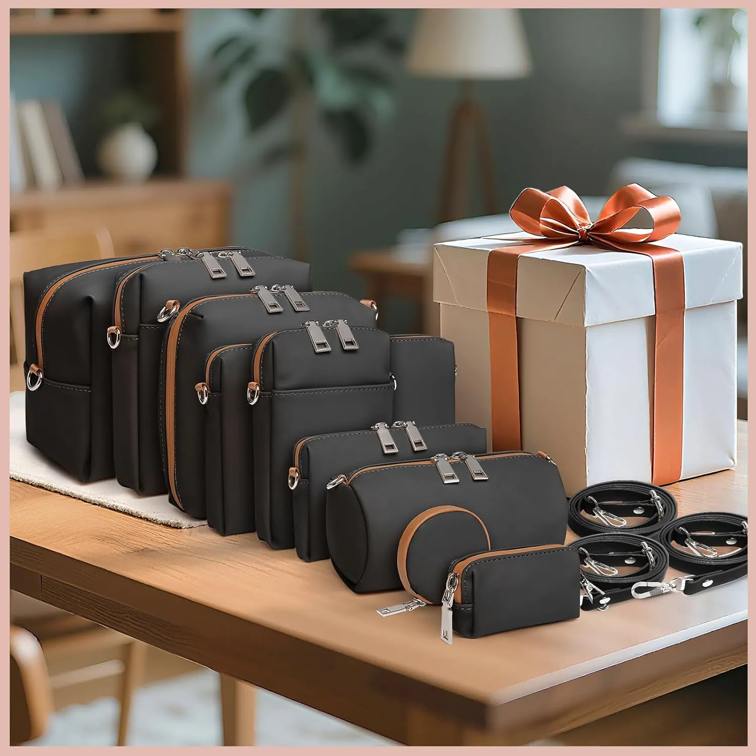 Joyway 10PCS Travel Makeup Bag Set, Large Capacity Cosmetic Bags for Women Girls, Waterproof Portable Toiletry Bag Organizer Make up Bag, Can be fitted with suspenders(Black)