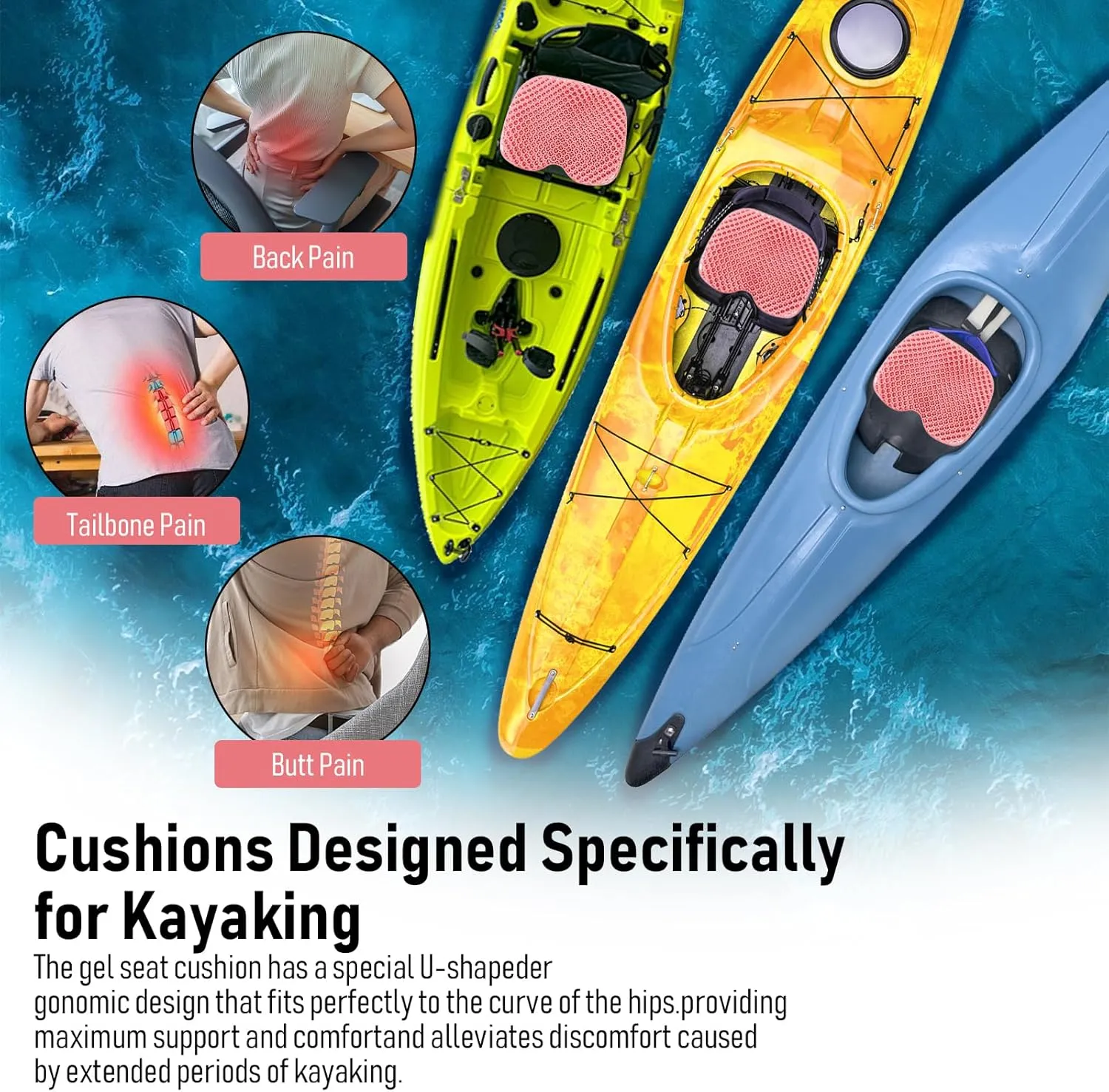 Kayak Seat Cushion, Thicken Anti Slip Waterproof Gel Kayak Seat, Portable Canoe Rowing Rubber Dinghy Pad for Stadium Sit in Kayak Inflatable Fishing Kayak Canoe Kayak Accessories