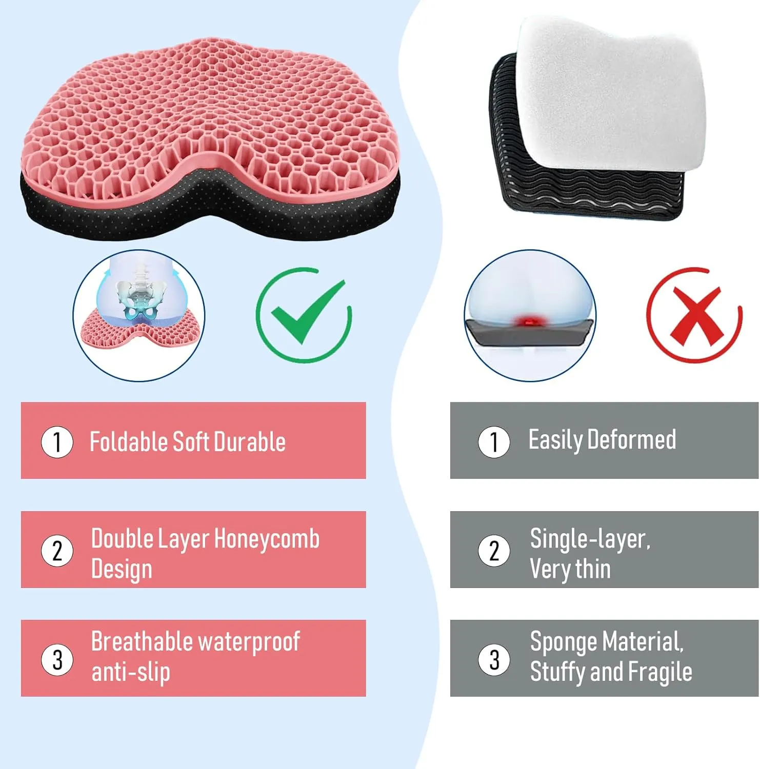 Kayak Seat Cushion, Thicken Anti Slip Waterproof Gel Kayak Seat, Portable Canoe Rowing Rubber Dinghy Pad for Stadium Sit in Kayak Inflatable Fishing Kayak Canoe Kayak Accessories