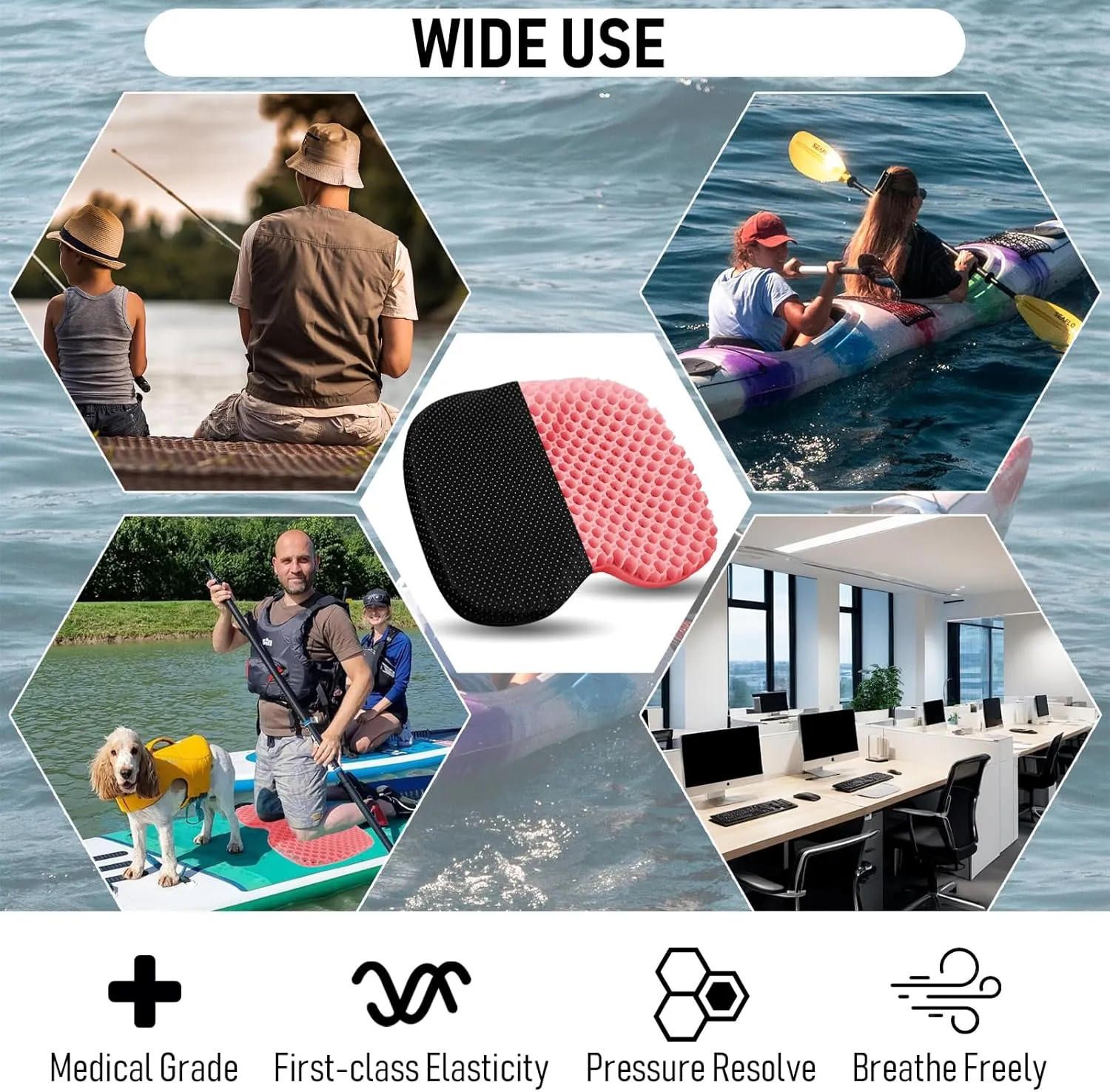 Kayak Seat Cushion, Thicken Anti Slip Waterproof Gel Kayak Seat, Portable Canoe Rowing Rubber Dinghy Pad for Stadium Sit in Kayak Inflatable Fishing Kayak Canoe Kayak Accessories