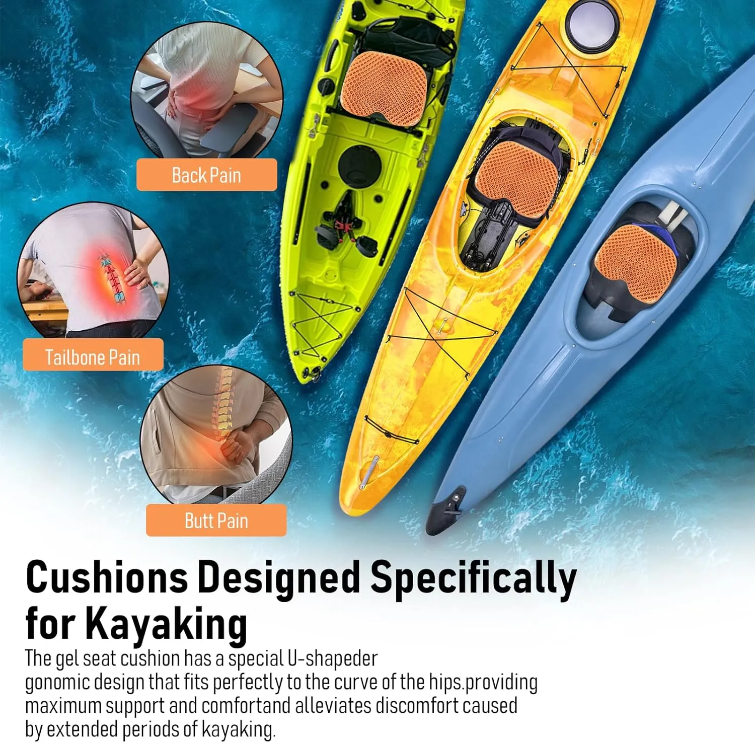 Kayak Seat Cushion, Thicken Anti Slip Waterproof Gel Kayak Seat, Portable Canoe Rowing Rubber Dinghy Pad for Stadium Sit in Kayak Inflatable Fishing Kayak Canoe Kayak Accessories