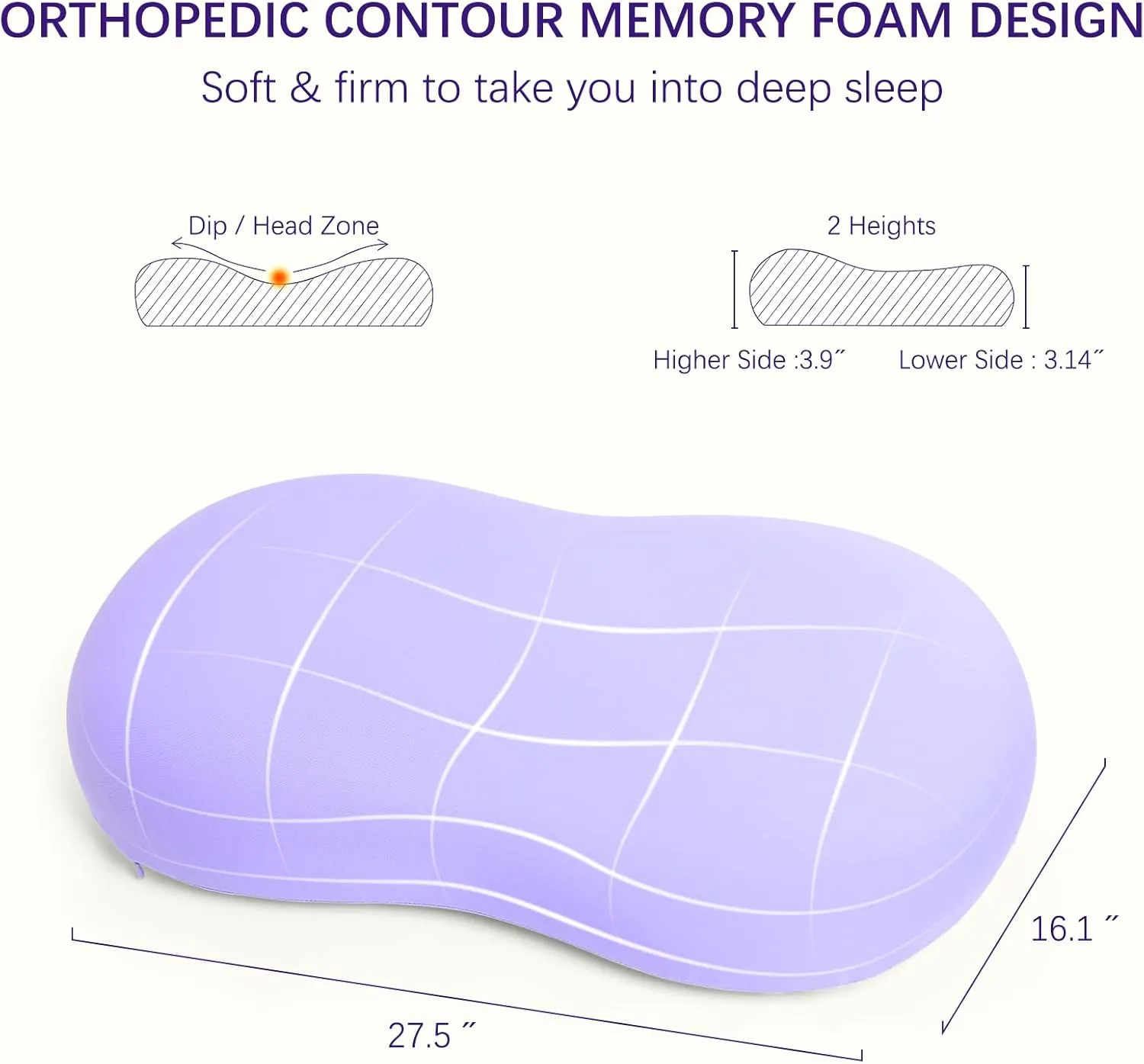 KEEPMOV Memory Foam Pillows - Cervical Neck Pillows for Pain Relief, Ergonomic Contour Pillow for Side Back Stomach Sleepers (Purple)