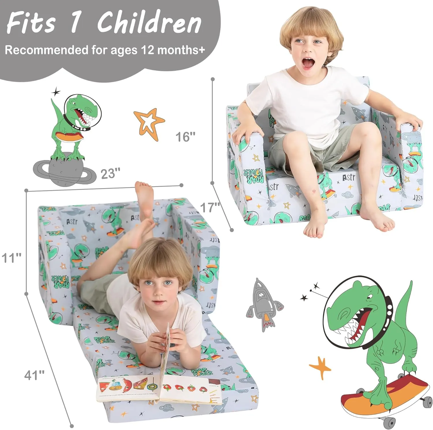 Kids Couch for Toddler, 2-in-1 Toddler Chairs Couch Bed, with Double Pockets for Boys & Girls, Convertible Kids Furniture Lounge Chairs for Playroom - Gray Dinosaur