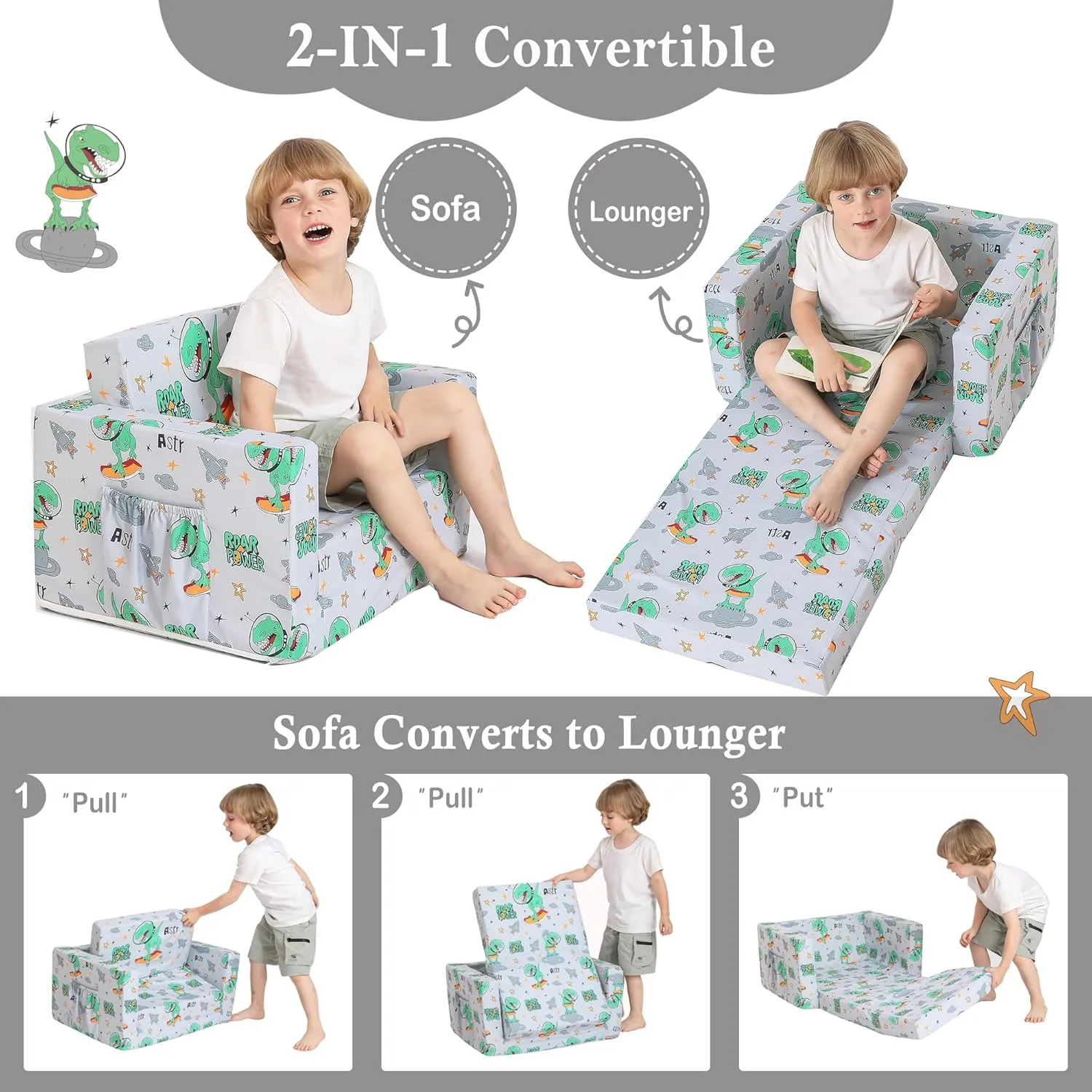 Kids Couch for Toddler, 2-in-1 Toddler Chairs Couch Bed, with Double Pockets for Boys & Girls, Convertible Kids Furniture Lounge Chairs for Playroom - Gray Dinosaur