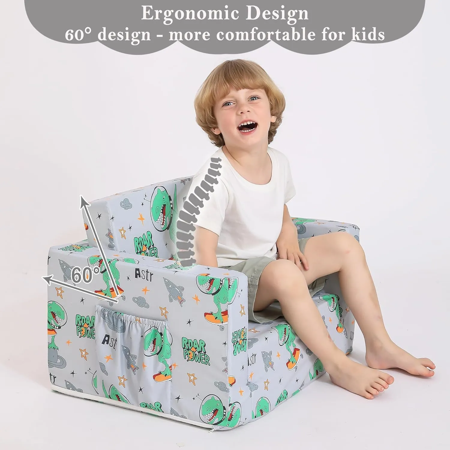 Kids Couch for Toddler, 2-in-1 Toddler Chairs Couch Bed, with Double Pockets for Boys & Girls, Convertible Kids Furniture Lounge Chairs for Playroom - Gray Dinosaur