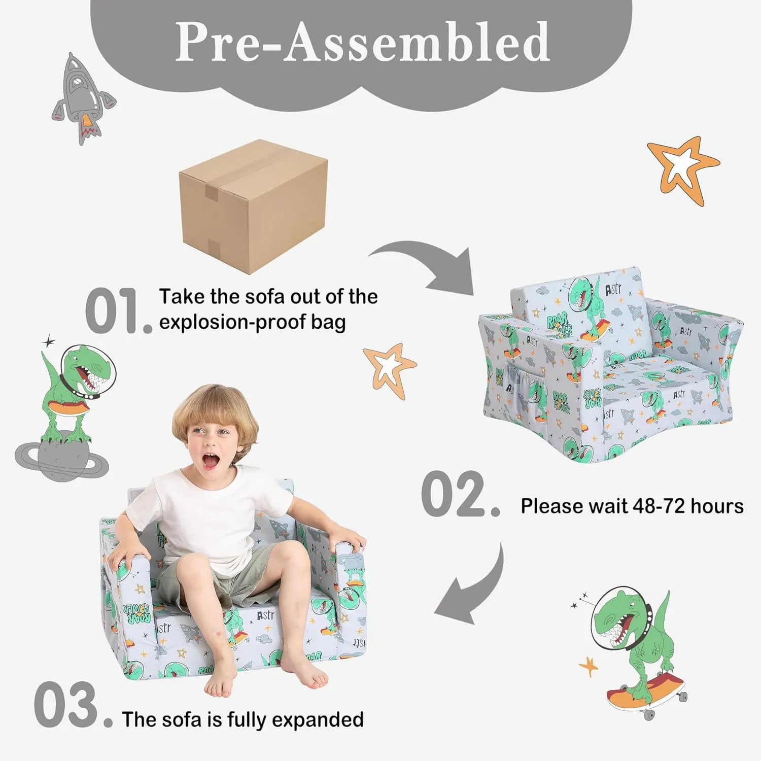 Kids Couch for Toddler, 2-in-1 Toddler Chairs Couch Bed, with Double Pockets for Boys & Girls, Convertible Kids Furniture Lounge Chairs for Playroom - Gray Dinosaur