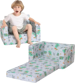 Kids Couch for Toddler, 2-in-1 Toddler Chairs Couch Bed, with Double Pockets for Boys & Girls, Convertible Kids Furniture Lounge Chairs for Playroom - Gray Dinosaur