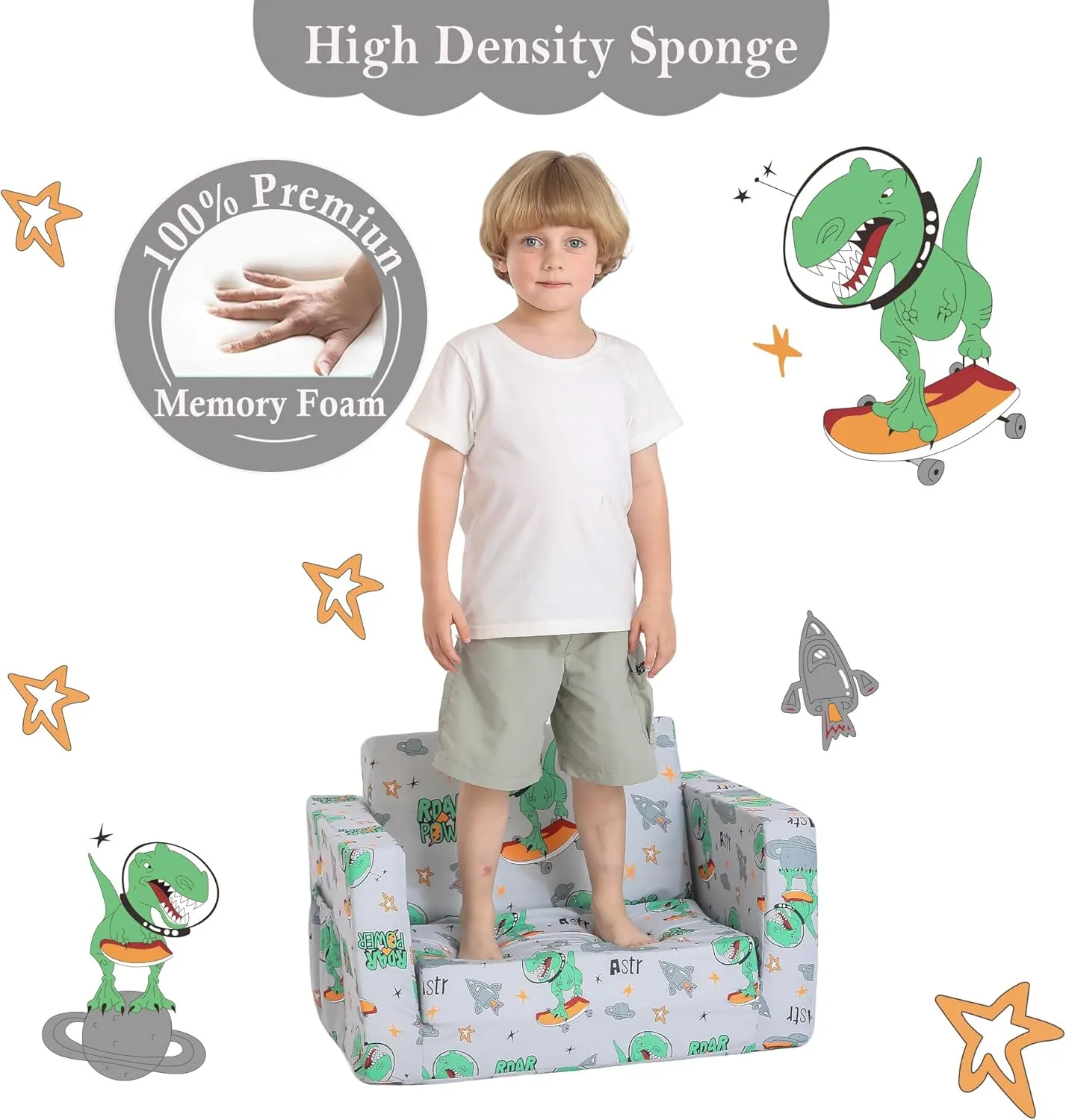 Kids Couch for Toddler, 2-in-1 Toddler Chairs Couch Bed, with Double Pockets for Boys & Girls, Convertible Kids Furniture Lounge Chairs for Playroom - Gray Dinosaur