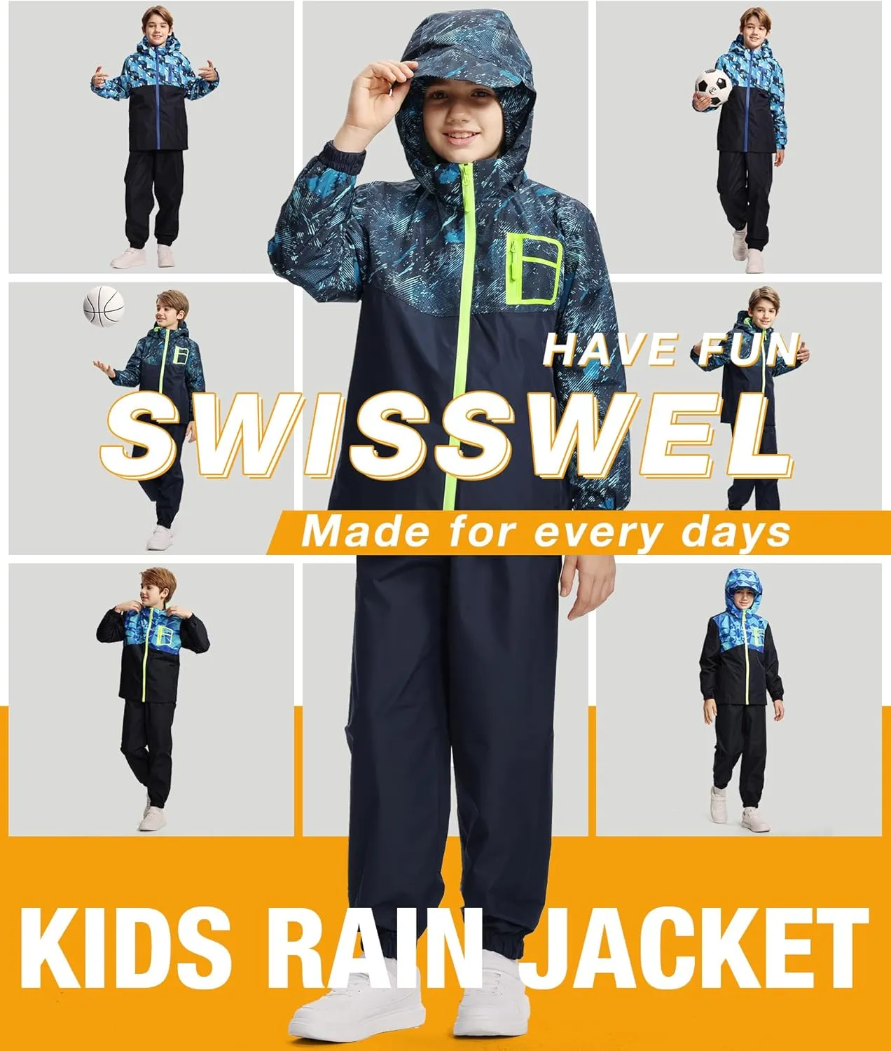 Kids Rain Suit Boys Girls Raincoat Jacket and Pants Set Lightweight Waterproof Windbreakers Rain Gear