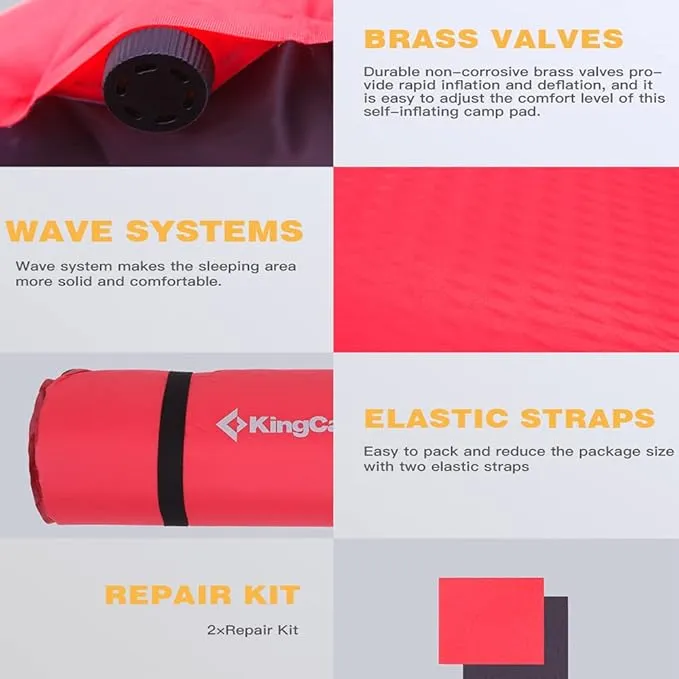 KingCamp Self Inflating Camping Sleeping Pad for Camping, 3.93 Thick Foam Air Mattress Camping Mat for Hiking,Travel, Tent, Red/Charcoal