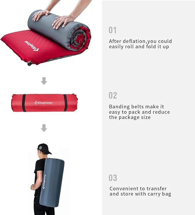 KingCamp Self Inflating Camping Sleeping Pad for Camping, 3.93 Thick Foam Air Mattress Camping Mat for Hiking,Travel, Tent, Red/Charcoal