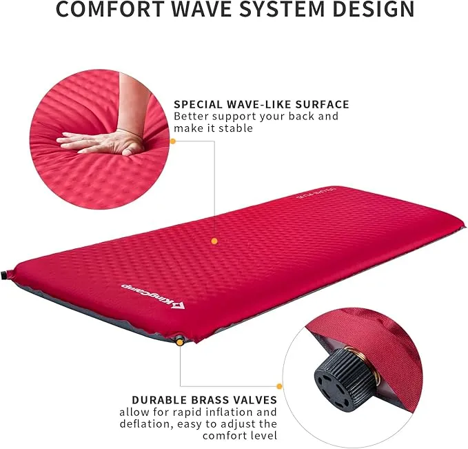 KingCamp Self Inflating Camping Sleeping Pad for Camping, 3.93 Thick Foam Air Mattress Camping Mat for Hiking,Travel, Tent, Red/Charcoal
