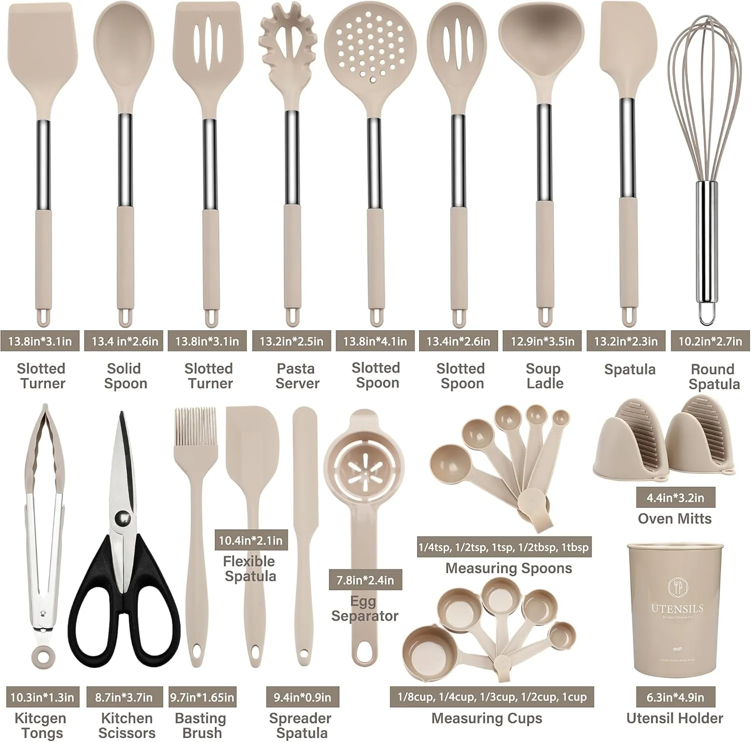 Kitchen Utensils Set, 28 Pcs Silicone Cooking Utensils Set with Holder, Spatula Set, Silicone Whisk, Scissors, Measuring Cups and Spoons Set with Stainless Steel Handle Kitchen Gadgets (Khaki)
