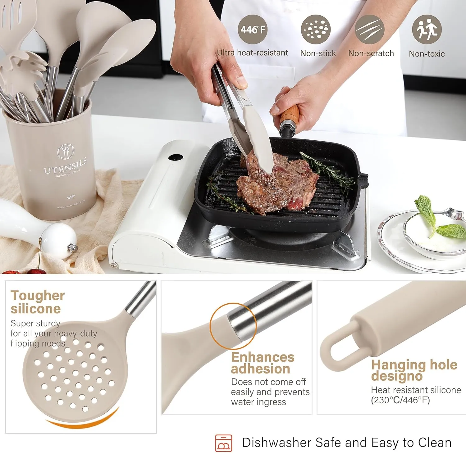 Kitchen Utensils Set, 28 Pcs Silicone Cooking Utensils Set with Holder, Spatula Set, Silicone Whisk, Scissors, Measuring Cups and Spoons Set with Stainless Steel Handle Kitchen Gadgets (Khaki)