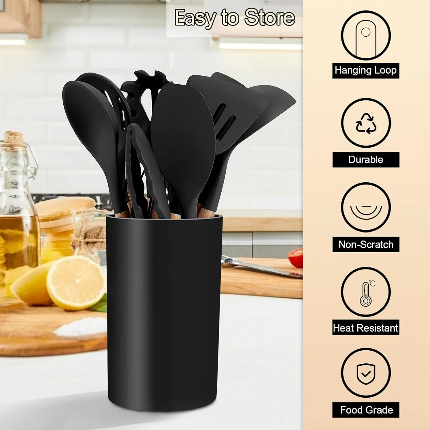 Kitchen Utensils Set of 12, E-far Silicone Cooking Utensils with Holder, Non-stick Cookware Friendly & Heat Resistant, Includes Spatula Tong Whisk Ladle Brush Slotted Turner Spoon(Black)