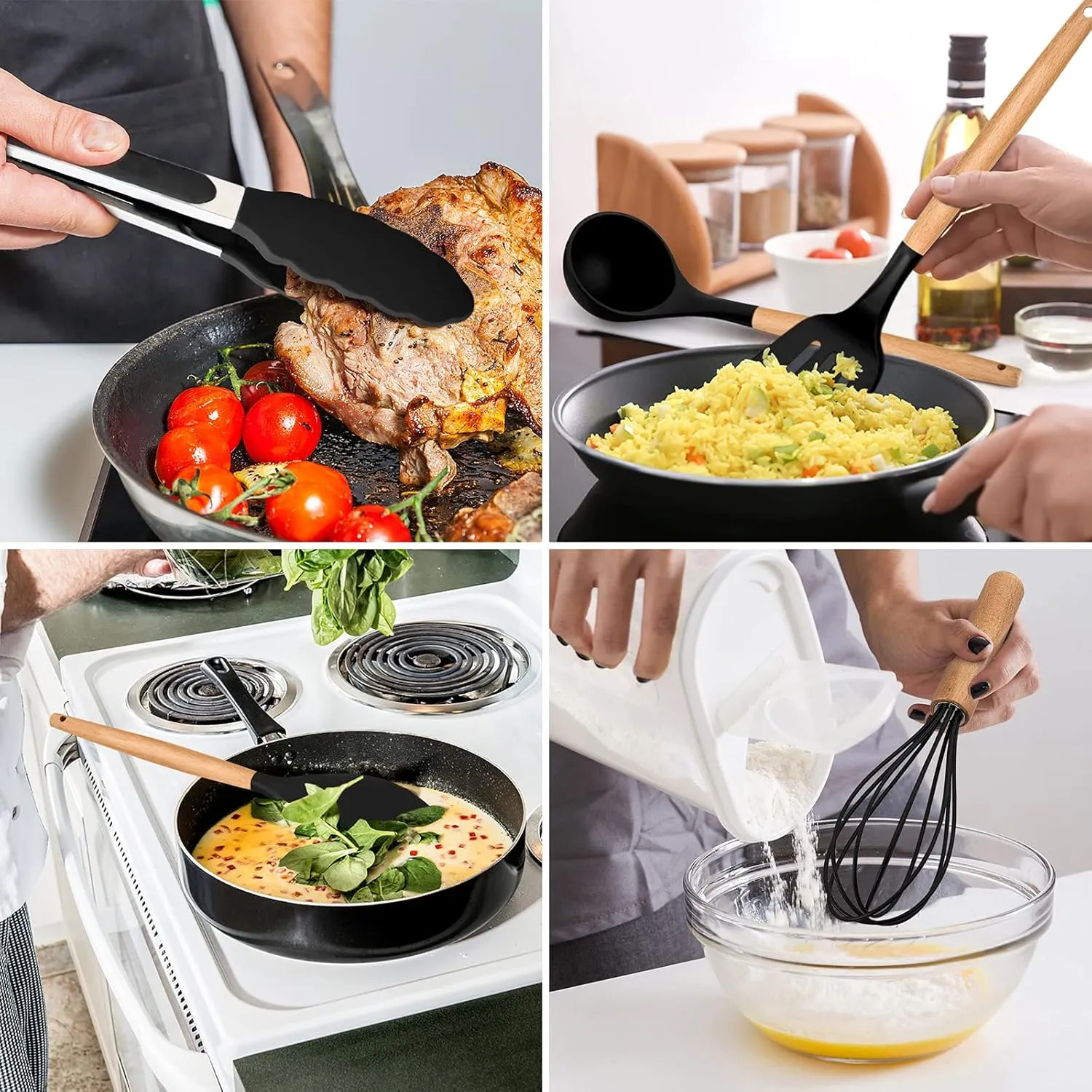 Kitchen Utensils Set of 12, E-far Silicone Cooking Utensils with Holder, Non-stick Cookware Friendly & Heat Resistant, Includes Spatula Tong Whisk Ladle Brush Slotted Turner Spoon(Black)