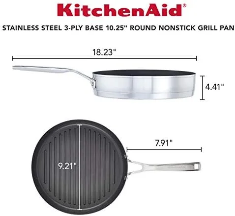 KitchenAid 3-Ply Base Brushed Stainless Steel Nonstick Round Grill Pan/Griddle, 10.25 Inch