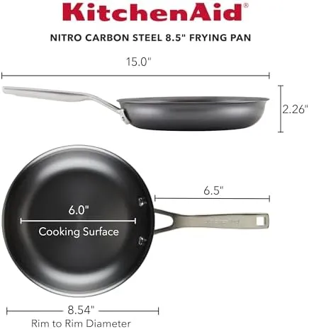 KitchenAid NITRO Carbon Steel Frying Pan, Stainless Steel Handle, Compatible with All Cooktops, Skillet (8.5 Inch), Black