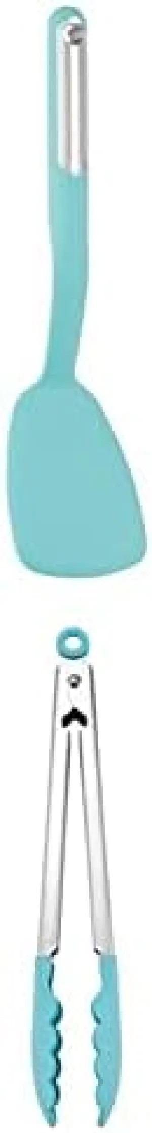KitchenAid Short turner, 12 inches, Aqua & KitchenAid Silicone Tipped Stainless Steel Tongs, 10.26 Inch, Aqua Sky