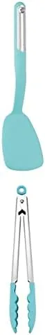 KitchenAid Short turner, 12 inches, Aqua & KitchenAid Silicone Tipped Stainless Steel Tongs, 10.26 Inch, Aqua Sky