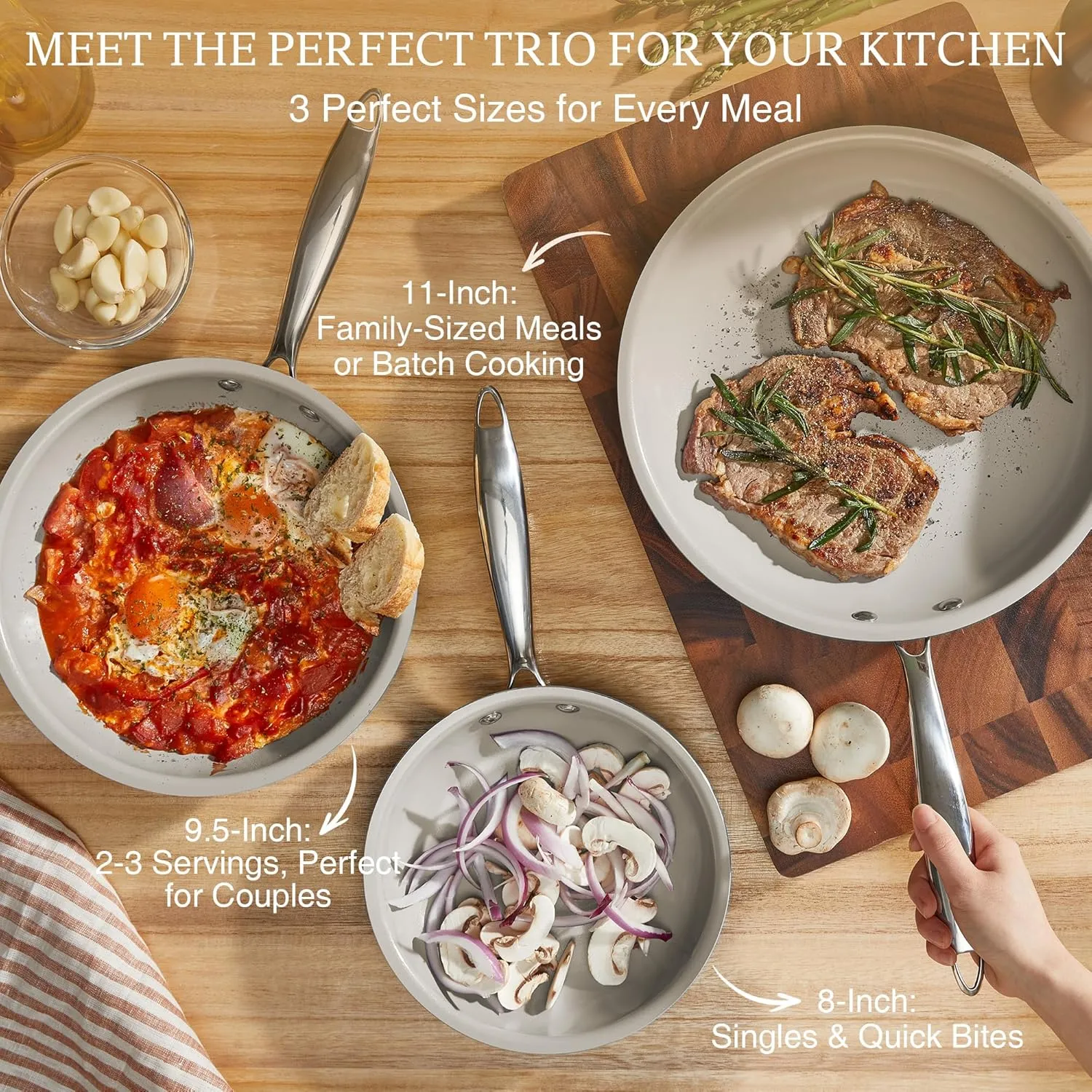 KITEXPERT Non Stick Frying Pans Set, Titanium Ceramic Pan Skillet Set Non Toxic, 8" 9.5" 11" Nonstick Frying Pan, Stainless Steel Handle, Dishwasher & Oven Safe, PFAS & PTFE & PFOA Free, Cream