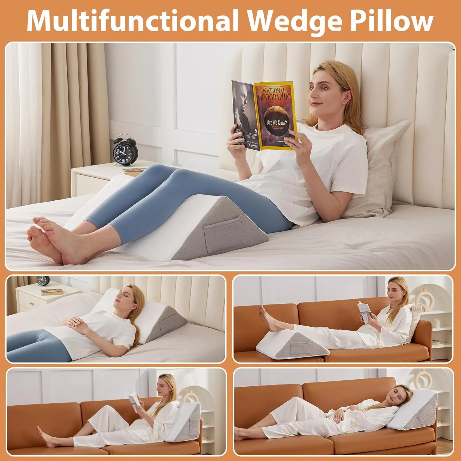 Knee Wedge Pillow for Pain Relief - Memory Foam Leg Elevation Pillow for Post-Surgery Recovery, Sciatica, Hip & Back Support - Knee Wedge for Sleeping, Ankle & Joint Care, White/Grey