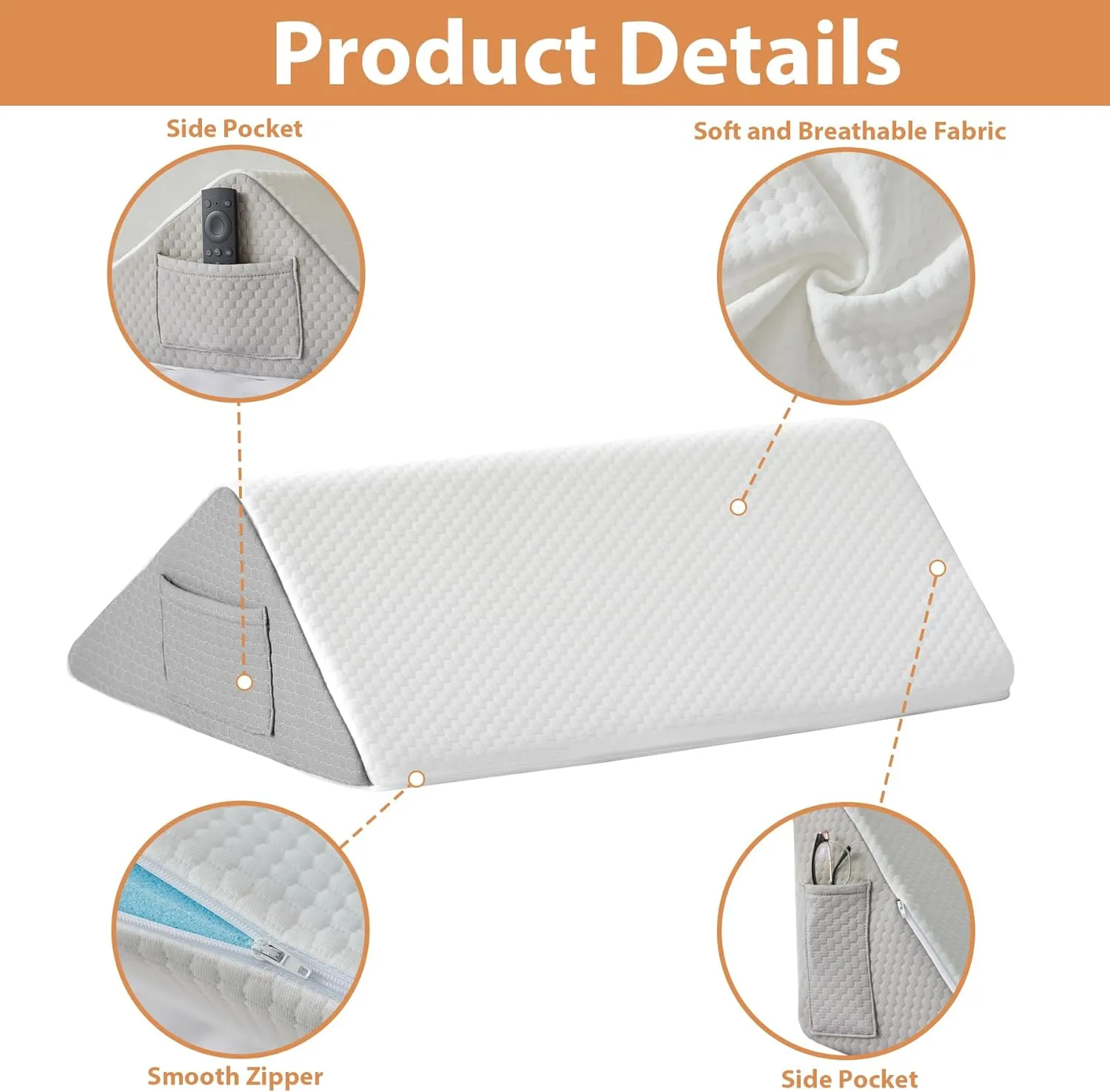 Knee Wedge Pillow for Pain Relief - Memory Foam Leg Elevation Pillow for Post-Surgery Recovery, Sciatica, Hip & Back Support - Knee Wedge for Sleeping, Ankle & Joint Care, White/Grey