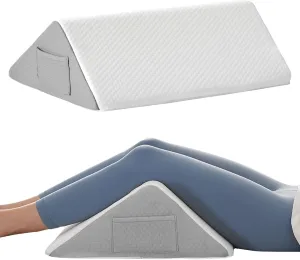 Knee Wedge Pillow for Pain Relief - Memory Foam Leg Elevation Pillow for Post-Surgery Recovery, Sciatica, Hip & Back Support - Knee Wedge for Sleeping, Ankle & Joint Care, White/Grey