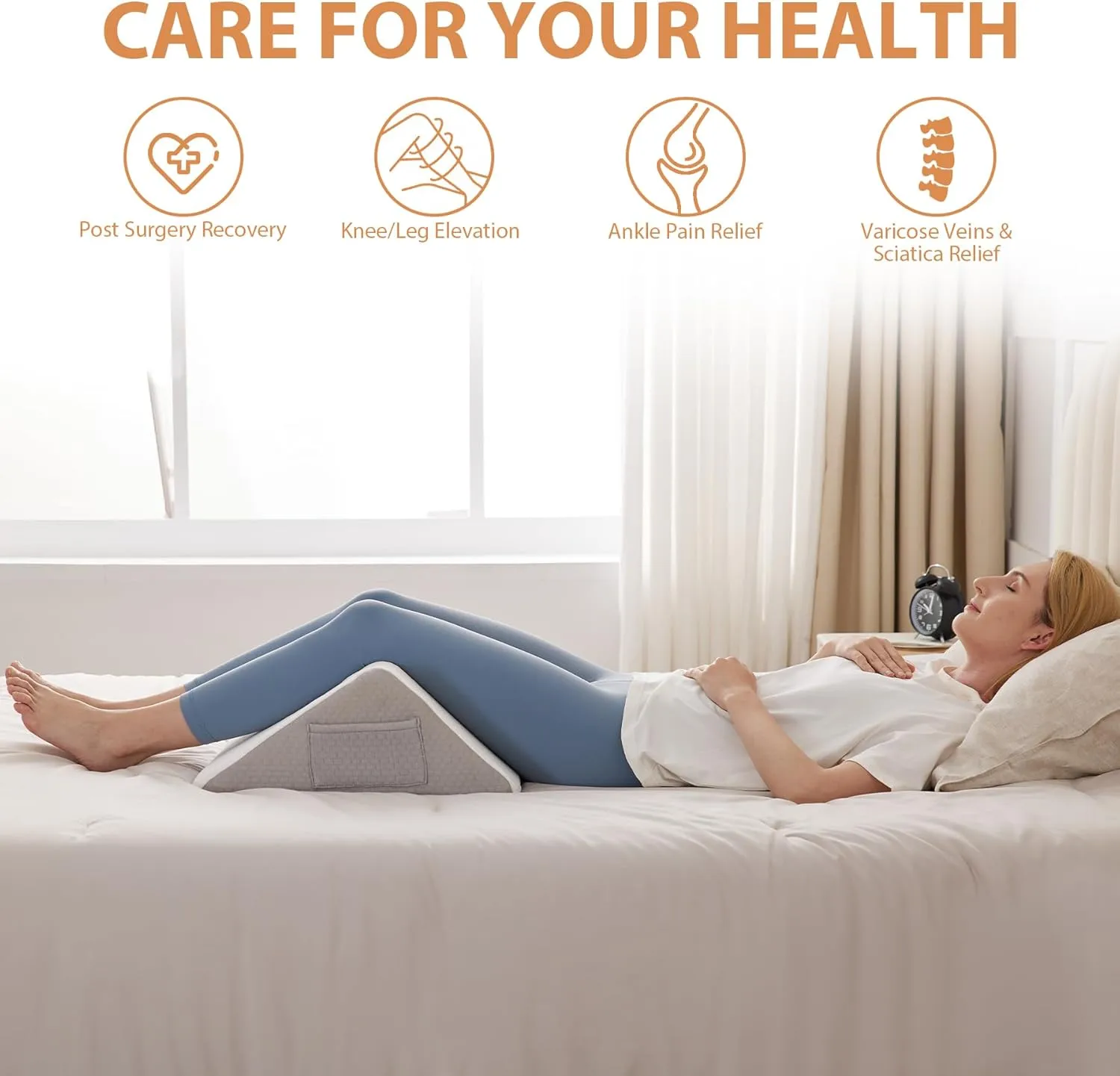 Knee Wedge Pillow for Pain Relief - Memory Foam Leg Elevation Pillow for Post-Surgery Recovery, Sciatica, Hip & Back Support - Knee Wedge for Sleeping, Ankle & Joint Care, White/Grey