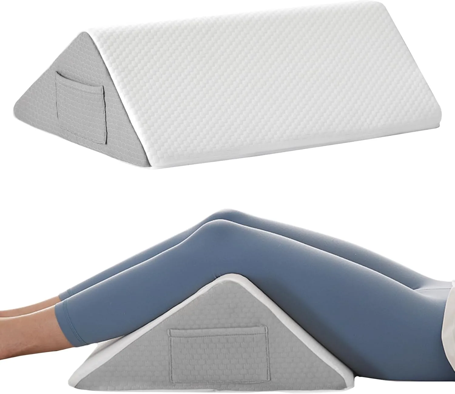 Knee Wedge Pillow for Pain Relief - Memory Foam Leg Elevation Pillow for Post-Surgery Recovery, Sciatica, Hip & Back Support - Knee Wedge for Sleeping, Ankle & Joint Care, White/Grey