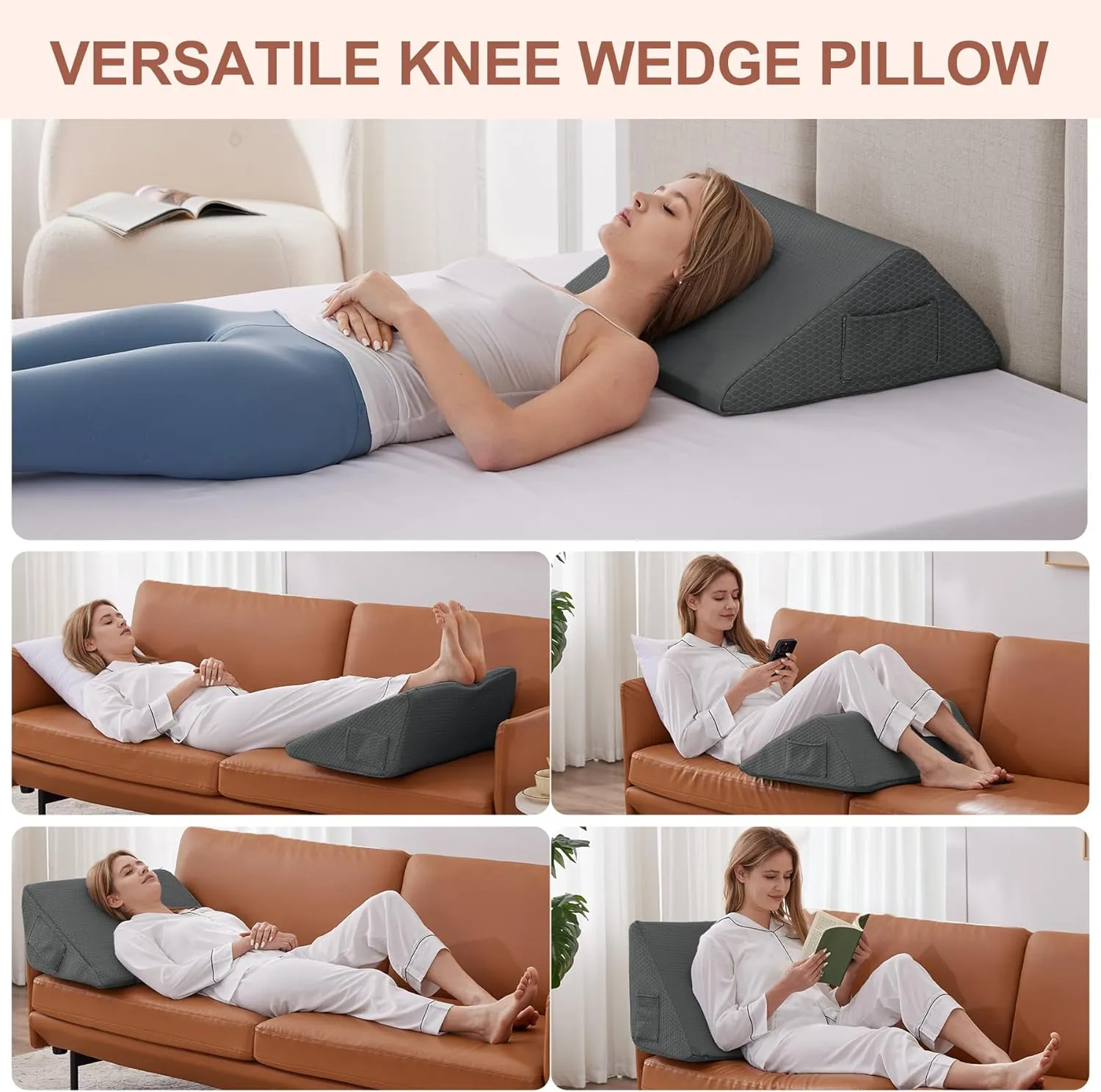 Knee Wedge Pillow, Memory Foam Leg Pillow Knee Pillow for Back Sleeping, Wedge Pillows for Legs Post Surgery, Triangle Pillow for Knee Support, Leg Elevation, Knees Hip Back Pain Relief, Black