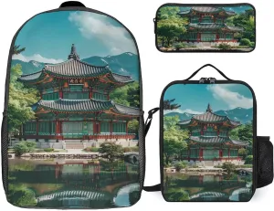 Korean Architecture Palace of Koreas 3PCS Backpack Set for Women Men 17 Inch Laptop Daypack with Lunchbag And Pencil Case