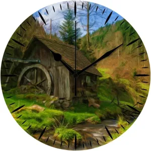 Kuizee Silent Wall Clock Non Ticking Battery Operated ﻿Oil Painting Green Mountain Forest Cabin Stream Nature Uncovered Decoration Home Office Bedroom Living Room Mute Clock 10Inch