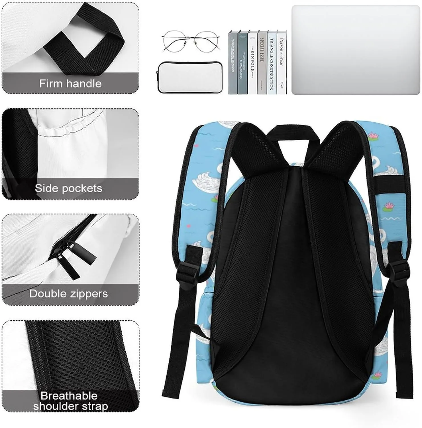Laptop Backpack for Men Women Cute White Swans Travel Work Backpack with Compartment Large Capacity Blue Lake College Daypack Business Work Bag