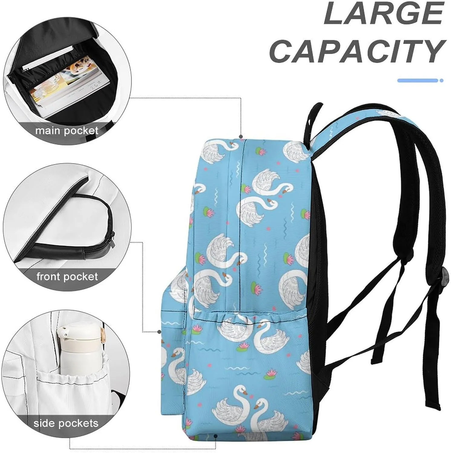 Laptop Backpack for Men Women Cute White Swans Travel Work Backpack with Compartment Large Capacity Blue Lake College Daypack Business Work Bag