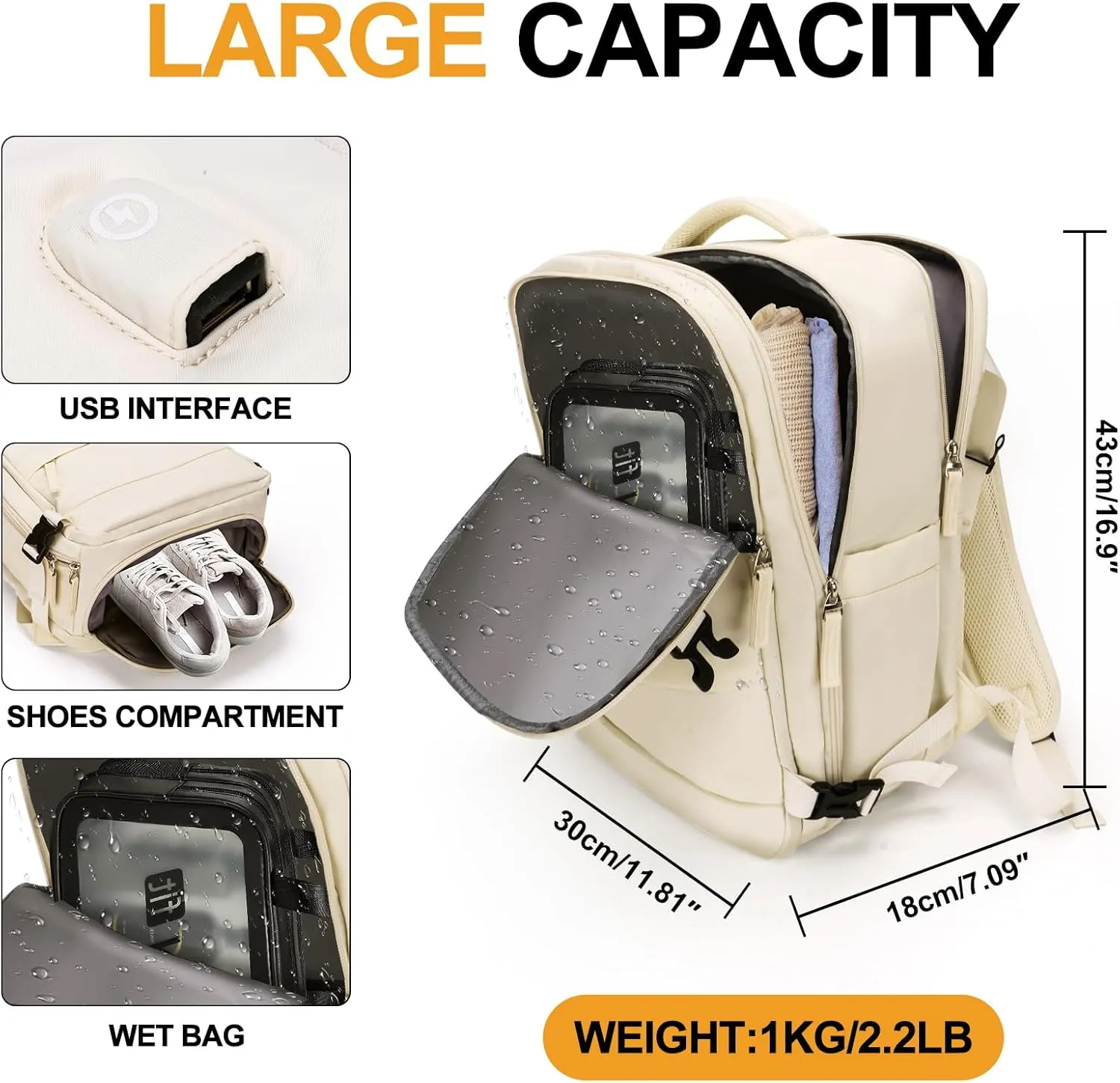Large 40L Travel Backpack – Airline & Flight Approved Carry-On Luggage, Waterproof, Durable & Lightweight Design for College, Outdoor Sports & Weekend Getaways – Cream