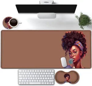 Large Gaming Mouse Pad, Extended Waterproof Desk Pad Protector (31.5" x 11.8") Ergonomics Memory Foam Mouse Wrist Rest Support, for Home Office Laptop, African American Girl Anime Brown XXL Mouse Mat
