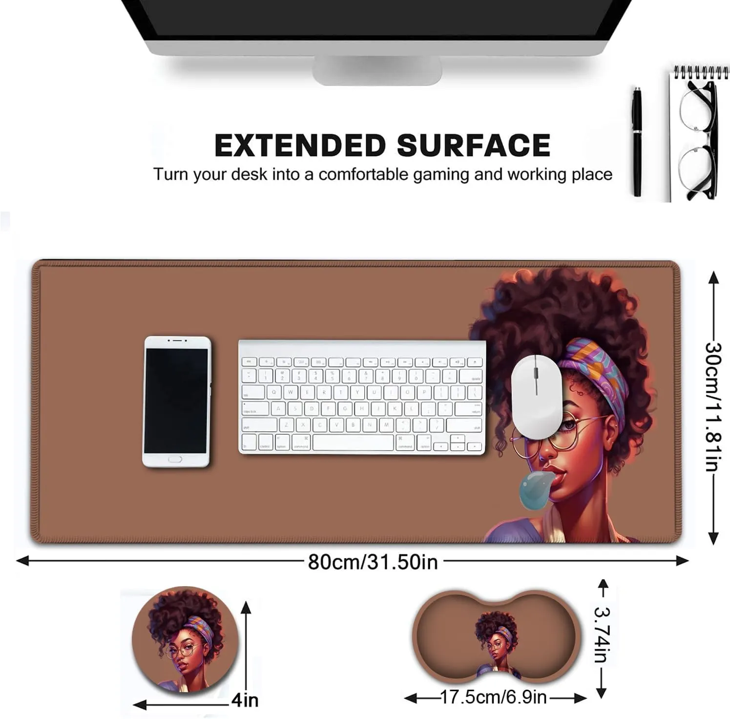 Large Gaming Mouse Pad, Extended Waterproof Desk Pad Protector (31.5" x 11.8") Ergonomics Memory Foam Mouse Wrist Rest Support, for Home Office Laptop, African American Girl Anime Brown XXL Mouse Mat
