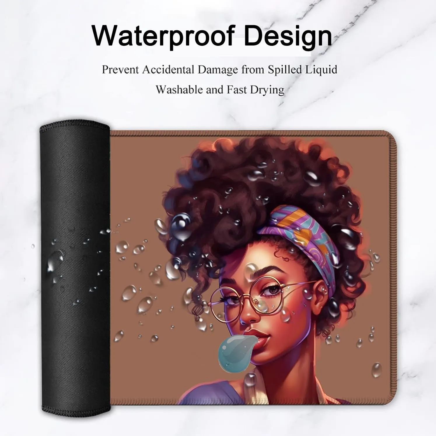 Large Gaming Mouse Pad, Extended Waterproof Desk Pad Protector (31.5" x 11.8") Ergonomics Memory Foam Mouse Wrist Rest Support, for Home Office Laptop, African American Girl Anime Brown XXL Mouse Mat