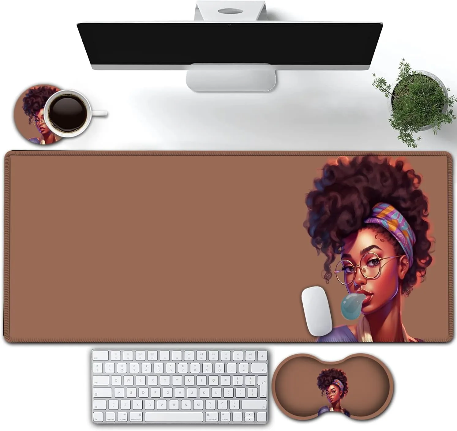 Large Gaming Mouse Pad, Extended Waterproof Desk Pad Protector (31.5" x 11.8") Ergonomics Memory Foam Mouse Wrist Rest Support, for Home Office Laptop, African American Girl Anime Brown XXL Mouse Mat