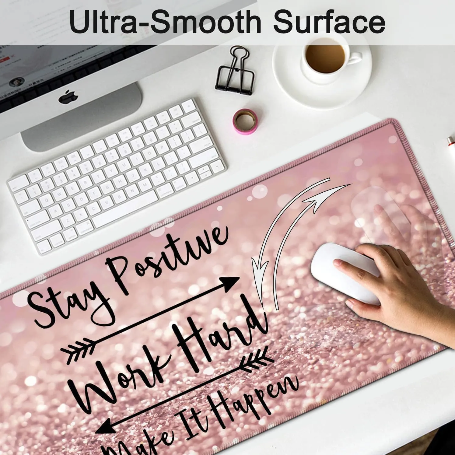 Large Gaming Mouse Pad,Extended Waterproof Desk Pad Protector (31.5" x 11.8") Ergonomics Memory Foam Mouse Wrist Rest Support,for Home Office Laptop,Hard Work Inspirational Quotes Pink Gilt Mouse Mat